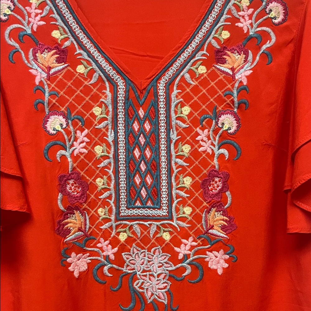 Solitaire Red Embroidered Ruffle Blouse - Picture 2 of 9